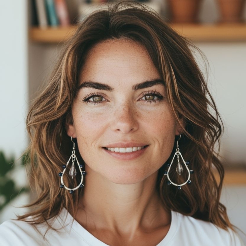 Elegant Teardrop Earrings with Blue Goldstone Beads And Crystal Drop.